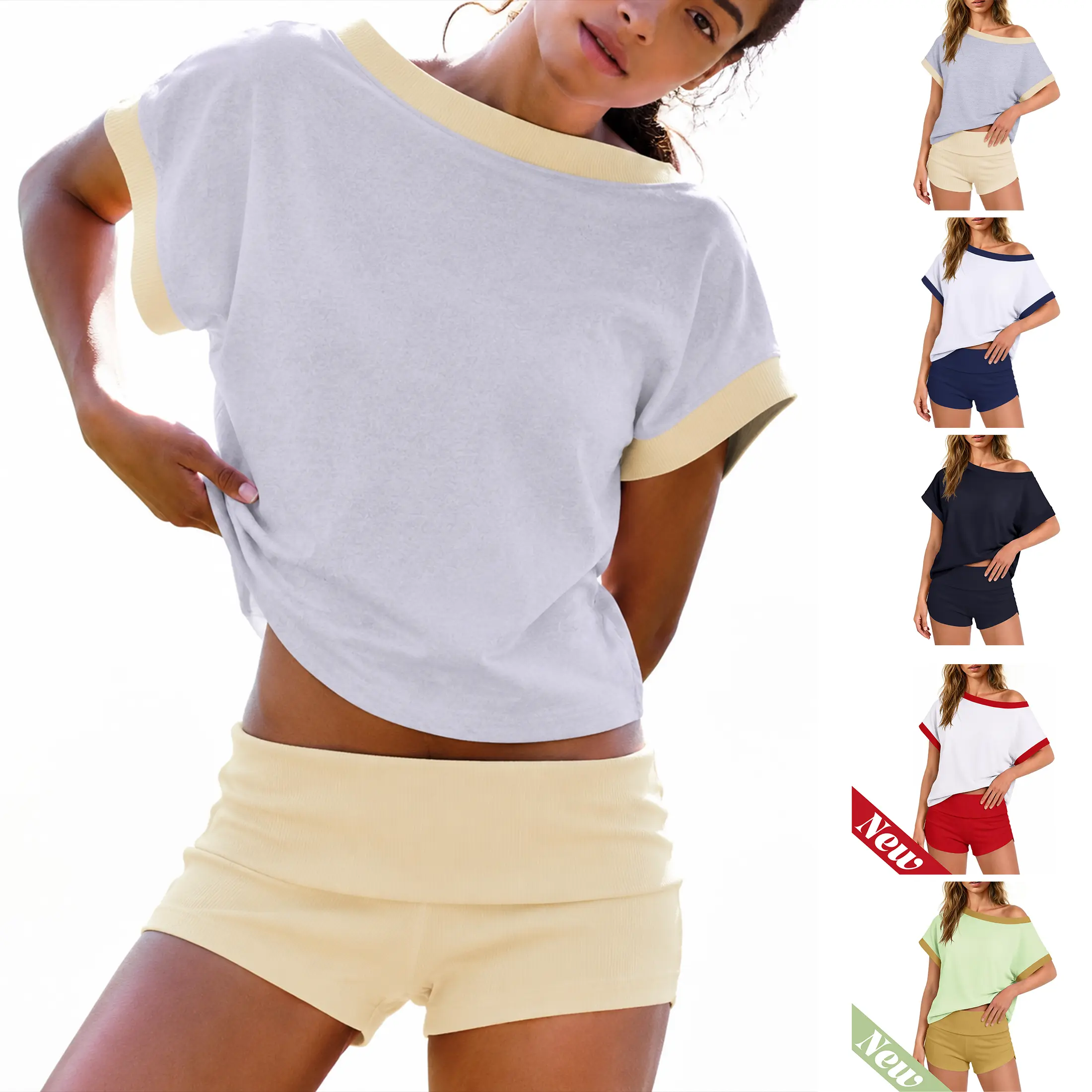 Wandal Women’s 2 Piece Off Shoulder Lounge Set Contrast Trim Oversized Tee and Ribbed Shorts Summer Casual Workout Outfit