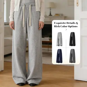 Women's Wide Leg Sweatpants Baggy Lounge Travel Pants Spring Fall Fashion Outfits Casual Drawstring Workout Sweat Trouser with Pockets Womenswear Bottom Regular Wideleg High Waist Clothes Joggers