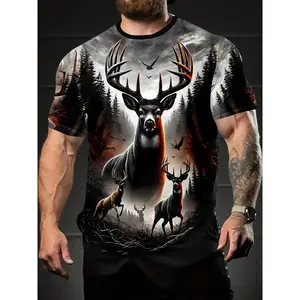 Men's 3D Printed Deer & Forest T-Shirt - Breathable Polyester Full-Body Print with Stag, Pine Trees & Flying Birds - Realistic Outdoor Hunting Camo Style, Comfort Fit Crew Neck Short Sleeve for Hiking, Camping & Casual Wear
