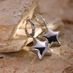Oufer Stainless Steel Bubble Star Non Tarnish Hand Polish Charm Dropped Hoop Pair of Earring