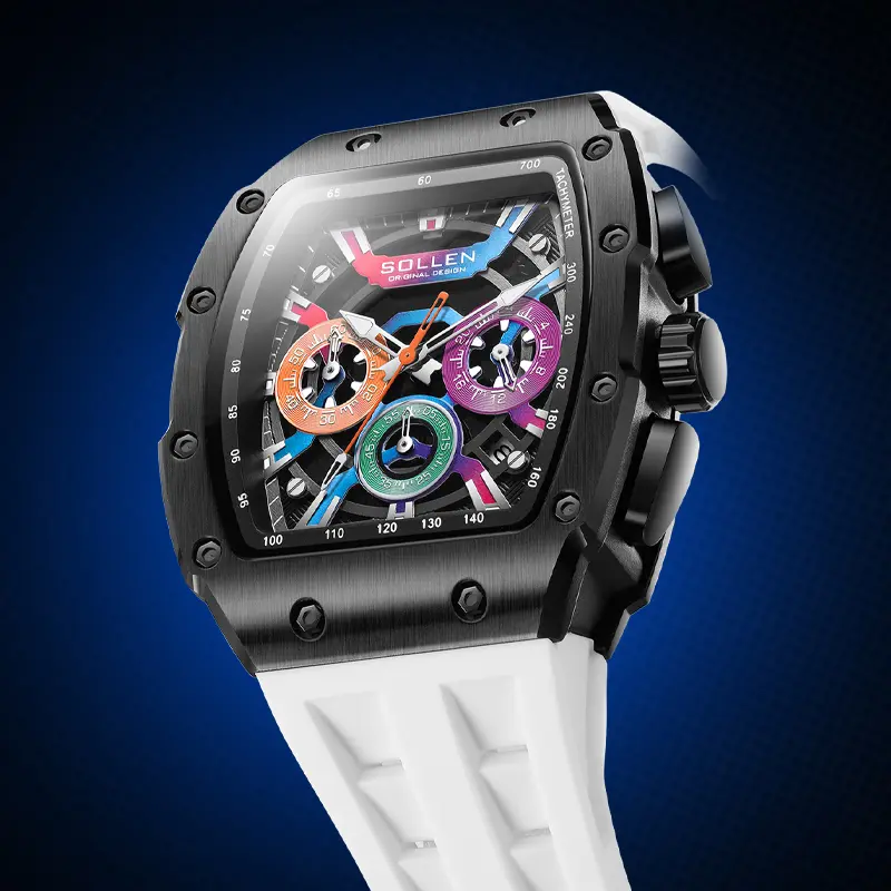 SOLLEN Men's Rainbow Tonneau Watch with Colorful Silicone Strap Multifunction 24H Chronograph Quartz Day Date Waterproof Unique Barrel Shape Vibrant Design 728