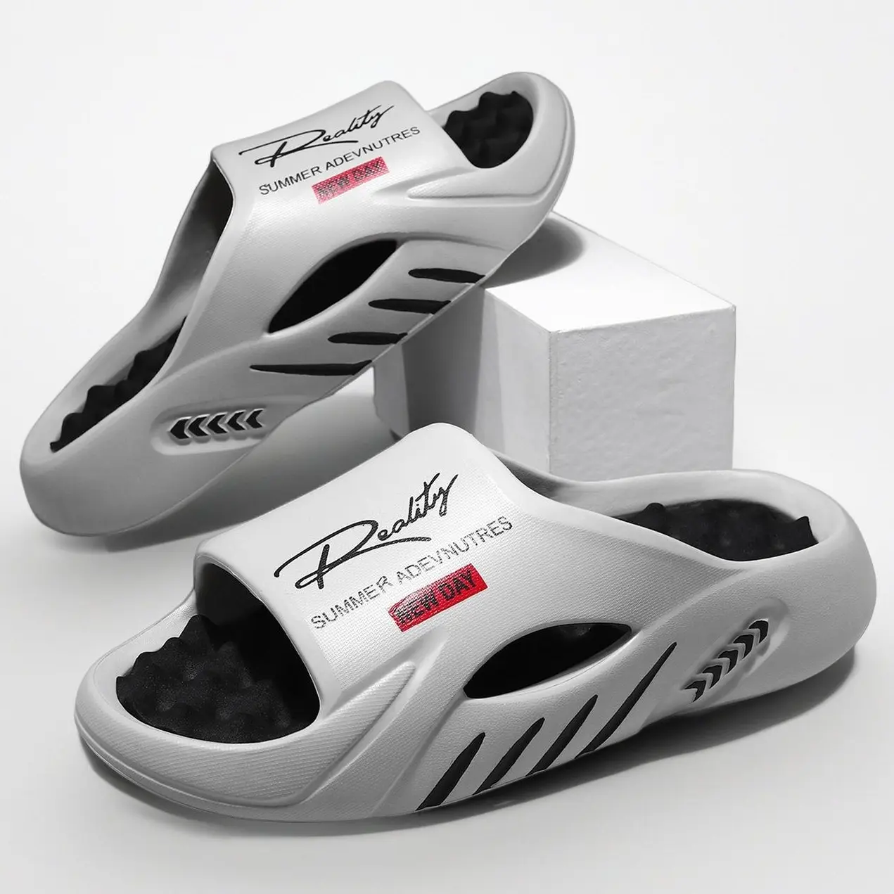 Men's Thick Sole EVA Slides, Chic Hollow Street Style Sandals, Lightweight Breathable Athletic Slip On for Summer Wear