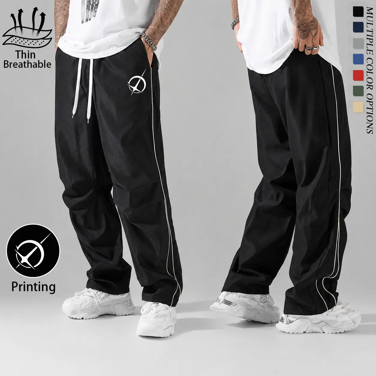 Unisex streetwear joggers with side stripes and graphic prints; lightweight and breathable for summer casual wear; drawstring waist; loose straight-leg fit; hip-hop street style; skateboarding pants; available in multiple colors; Y2K urban functional runn