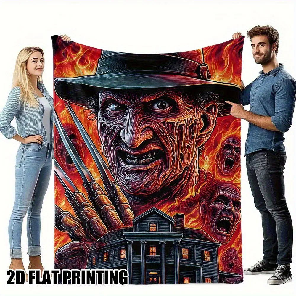 1pc Halloween Nightmare on Elm Street Print Flannel Blanket, Square Gift Blanket, Soft and Comfortable, Suitable for Adults at Home, Picnic, Travel