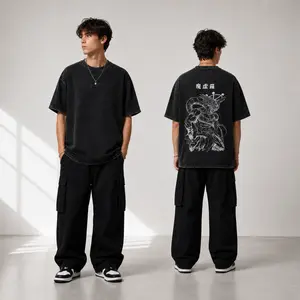 Washed Black Dragon Graphic Tee for Men, Oversized Vintage T Shirt with Dark Fantasy Back Print, Streetwear Graphic Tee, Anime Style T-Shirts