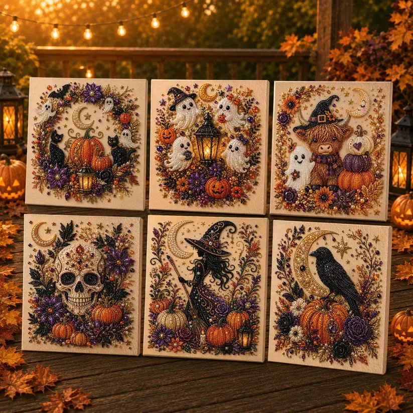 DIY Halloween Bead Art Kit 3D Pearl Painting Canvas Witch Cat Skull Crow Decor Handmade Craft for Home Decoration Unique Gift Idea Fall Season