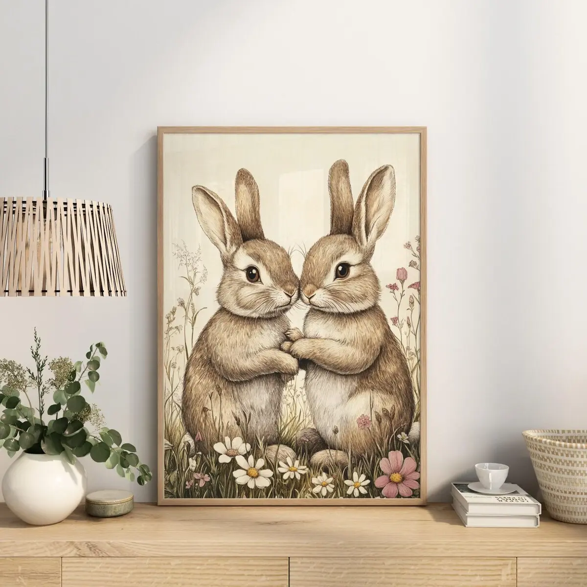 Two Easter Bunnies Print, Vintage Eater Bunny Poster, Botanical Easter Wall Art, Easter Flower Print, Easter Home Decor, Unframed