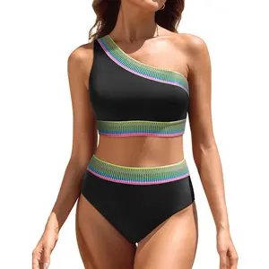 Tempt Me Women High Waisted Bikini Set - One Shoulder Two Piece Swimsuits Color Block Bathing Suits with Swimwear Bottom