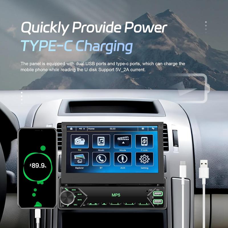 Car Stereo Single Din Touchscreen, 7 Inch Flip Out Car Radio 1 DIN with Bluetooth FM Radio Mirror Link for Android/iOS Phone Support TF/USB + Camera + MIC