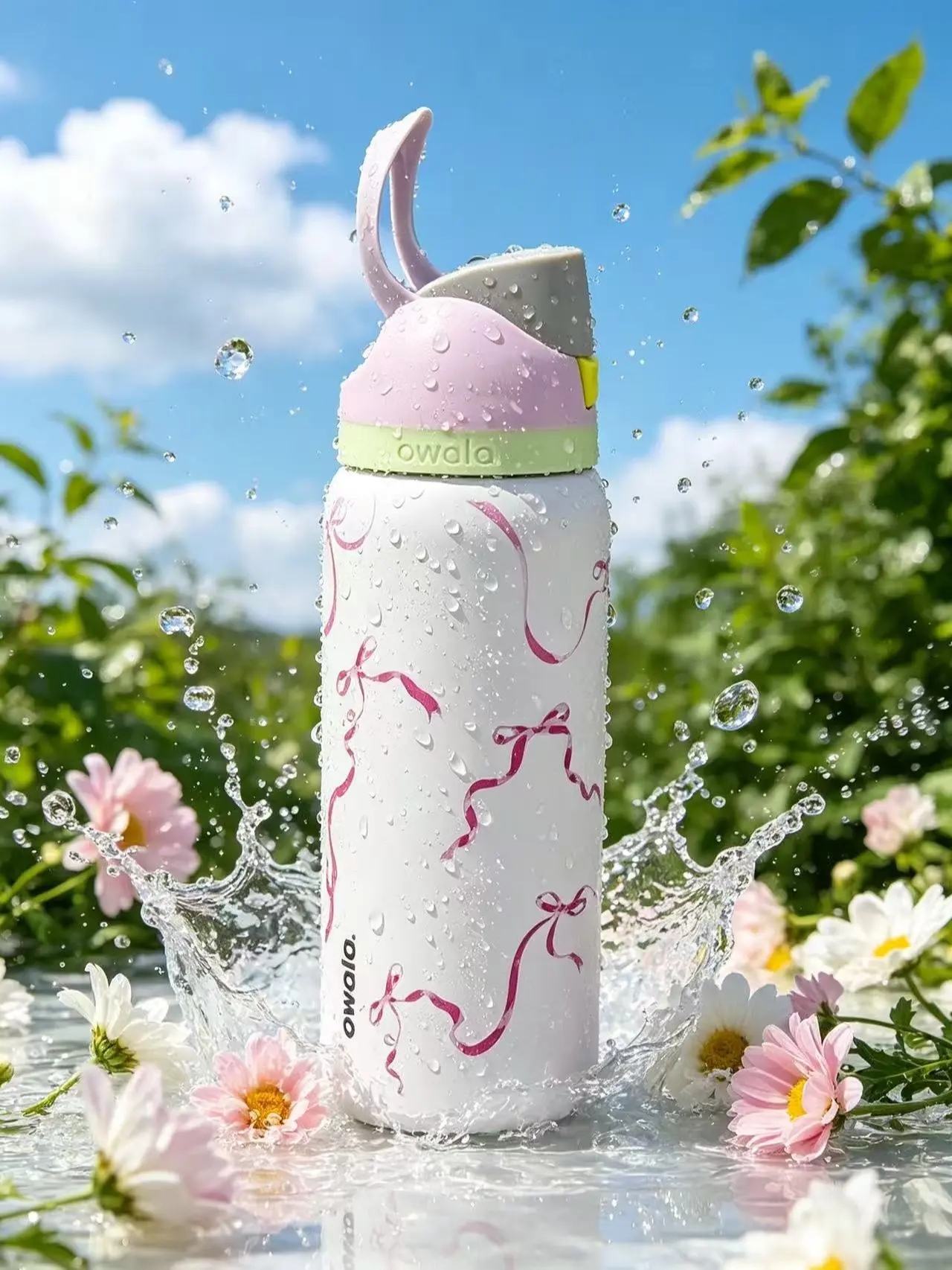 Owala 32oz Pink Ribbon Bow Insulated Water Bottle with Carry Handle, Cute Coquette Stainless Steel Thermos with Straw, Leak Proof Push Button Lid
