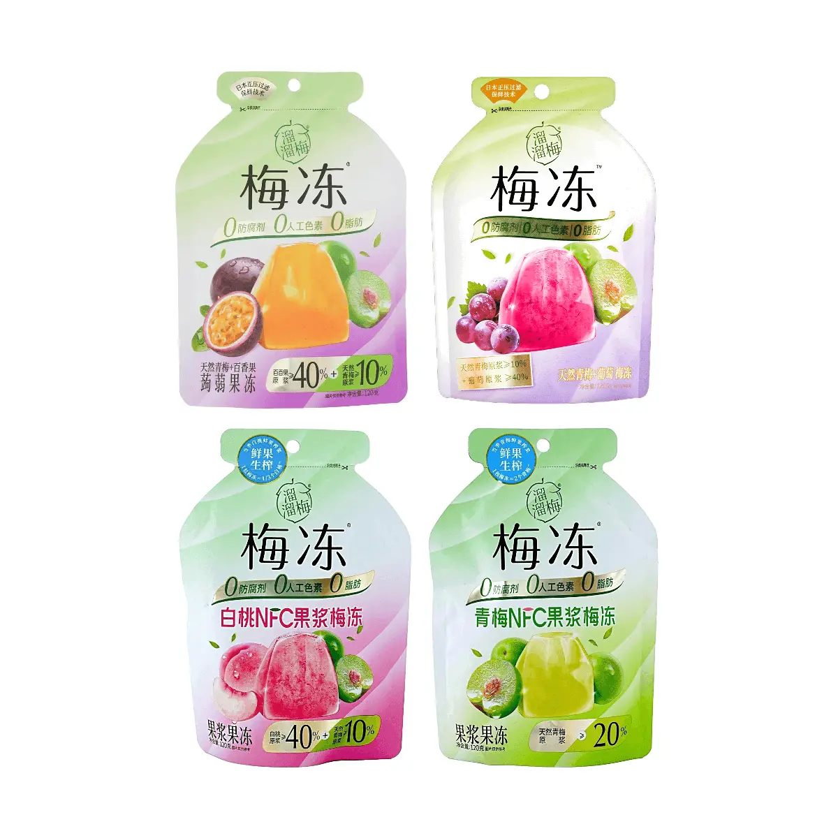 LIULIUMEI 4 Flavors Fruit Jelly Cups - Plum, White Peach, Strawberry, Passion Fruit - 480g 4-Pack, 0g Fat, Natural NFC Fruit Pulp, Healthy Snack