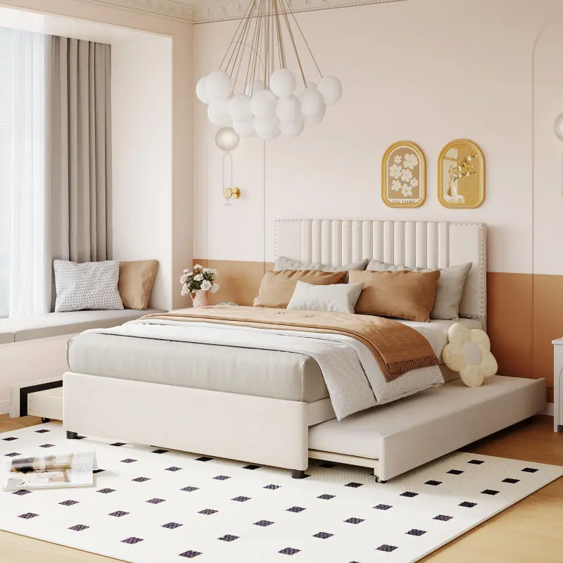 Full Size Upholstered Platform Bed Frame with 2 Drawers and 1 Twin Size Trundle, Wood Bed Frame with Classic Headboard and Slats, No Box Spring Needed