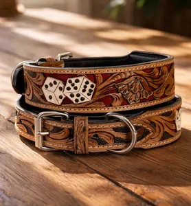 Leather Dog Collar Full grain Leather Handmade Tooled Carved 1.5" wide