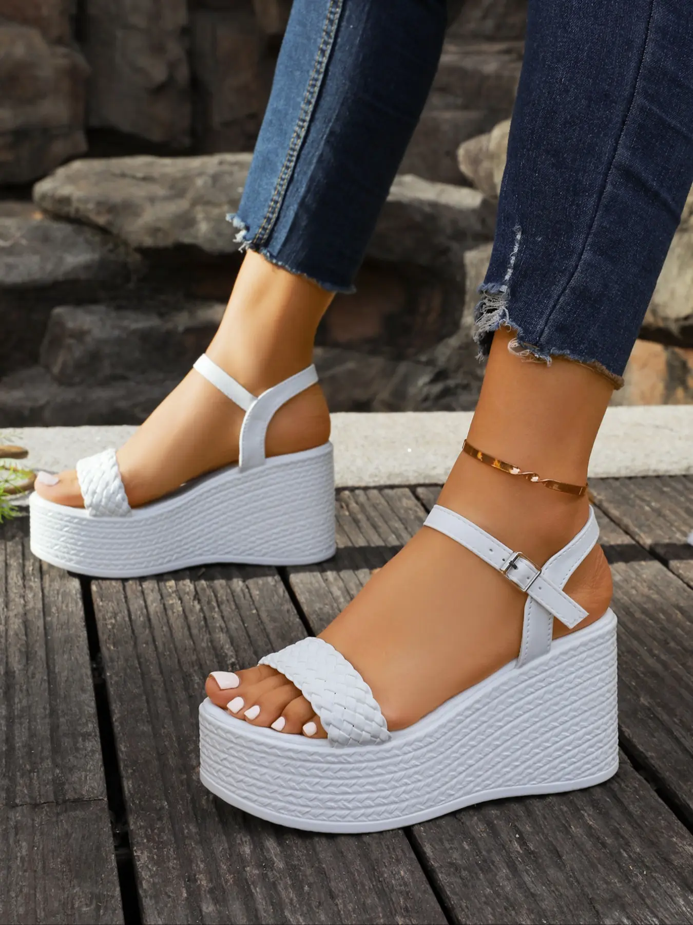 Women's New Summer Thick Sole Platform Ankle Strap Wedge Design High Heel Sandals, One Strap Fashionable Wedge Shoes, Outdoor Versatile Footwear, Casual Style, Wedges Footwear