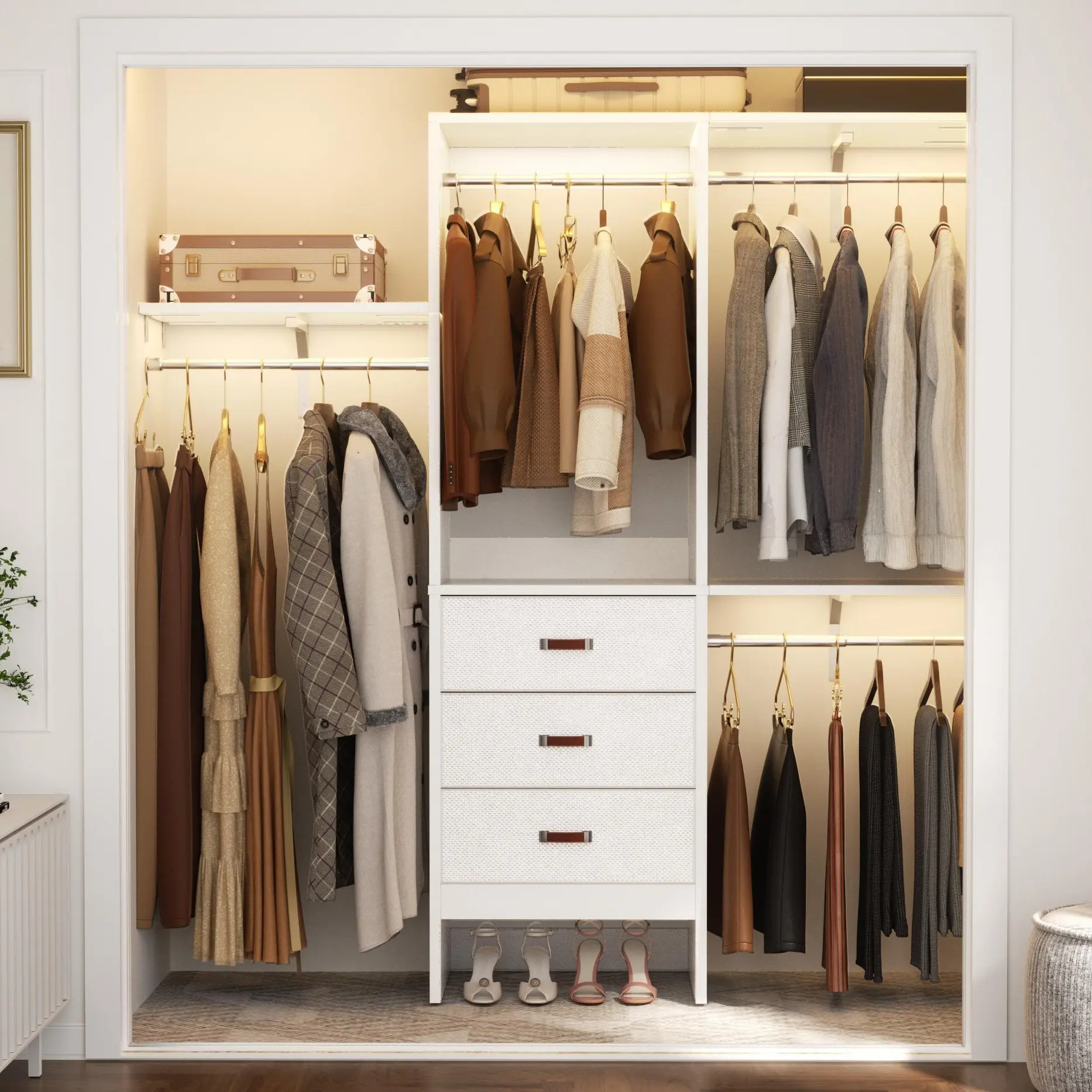 Armocity Closet System Wood with 3 Fabric Drawers 59"W Closet Organizer System with 3 Adjustable Shelves Heavy Duty Clothes Rack