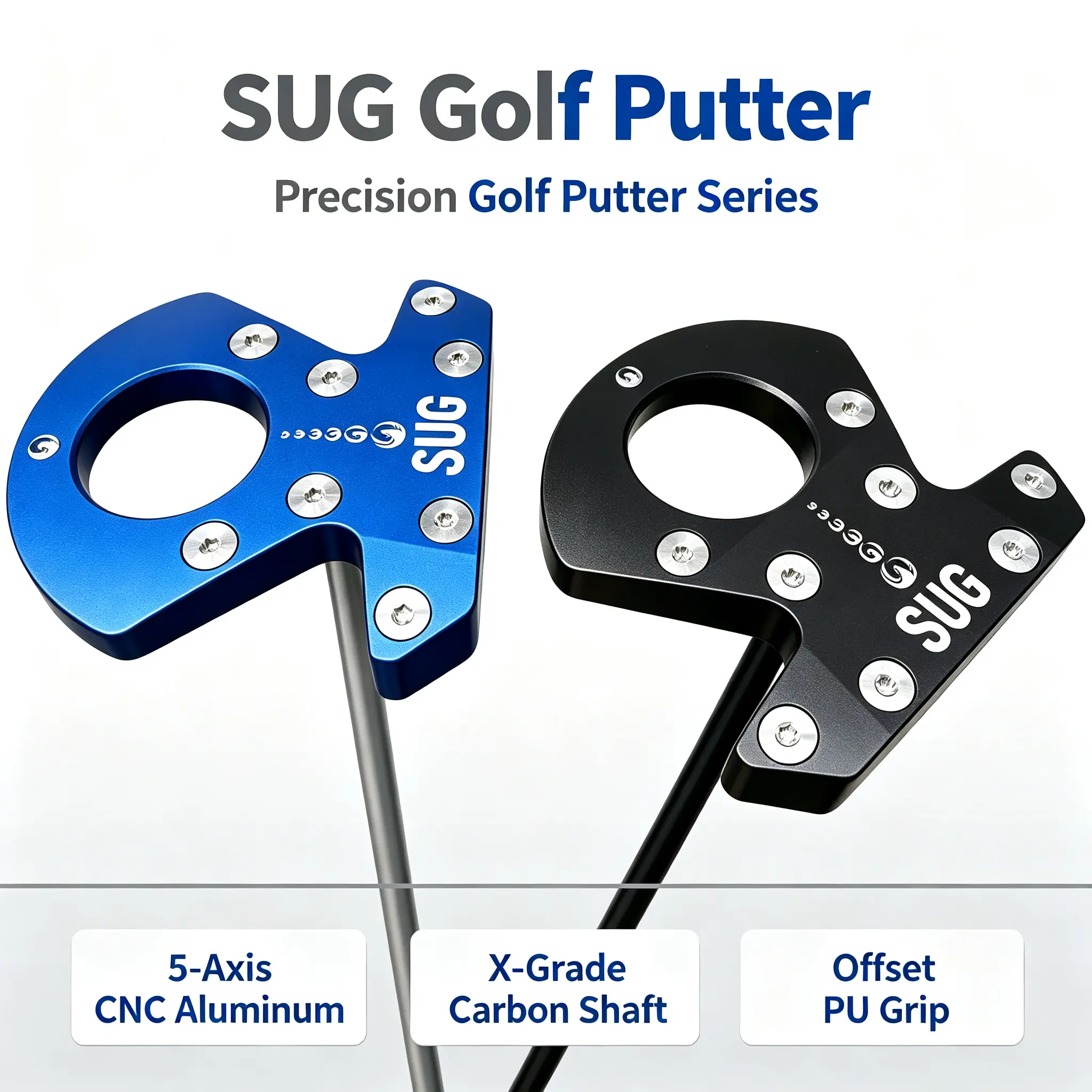 SUG Golf Putter 34in/35in Multi-Color Options 5-Axis Aluminum CNC Extra Stiff X-Grade Carbon Shaft Offset PU Grip