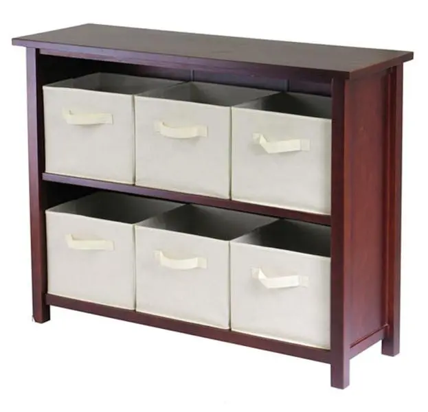 212 MAIN 2-Section Solid Wood Modern Storage Cabinet, Space Saving Cabinet with 6 Foldable Bins, Requires Assembly - Walnut and Beige (Model 94891), Modern Storage Cabinets