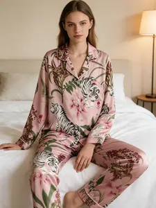Women's Two-Piece Tiger Sleepwear Set, Long Sleeve Open Front Cardigan & Pants, Casual Home Wear, All Seasons, Slim-Fitting