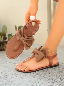 Summer New Fashion French Style Bowknot Toe Thong Sandals for Women, Flat Non-Slip Footbed Slippers, Beach Vacation Sandals