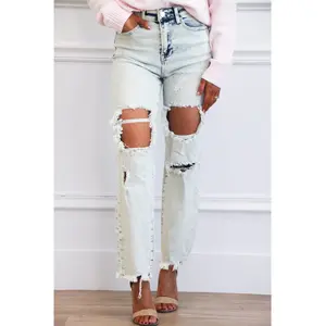 Alice Risen Distressed High Waisted Straight Denim: Acid Light Wash