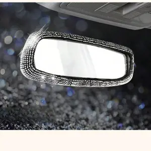 1pc Fully Rhinestoned Car Interior Rear View Mirror Cover Elastic Protective Decoration Stickers Set Shiny Design