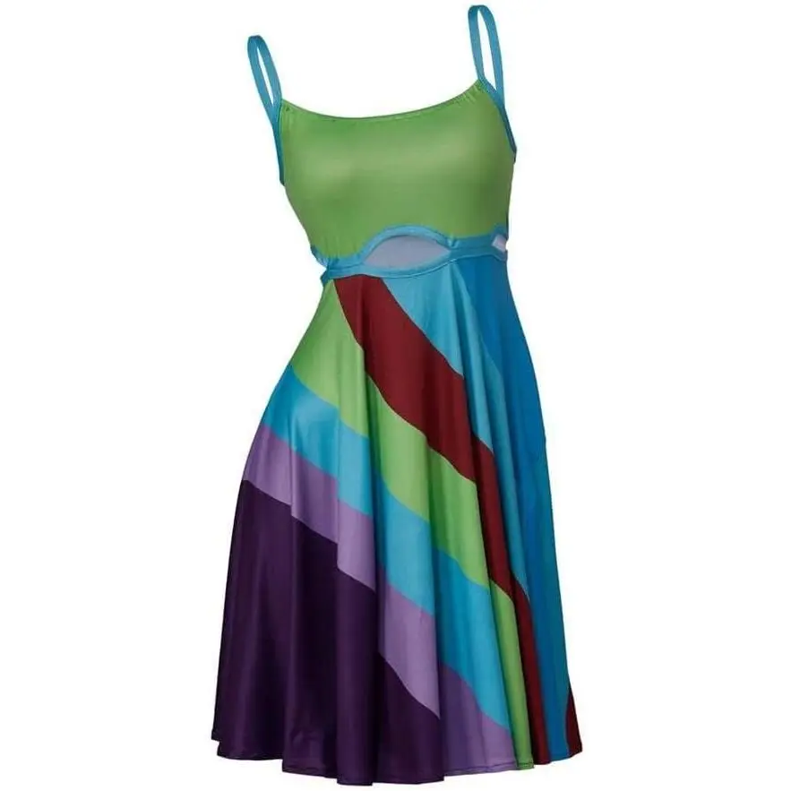 Women's Vibrant Rainbow Vintage Print Bodycon Dress - Sleeveless Spaghetti Strap, Cut-Outs, Multicolor Fabric, Fit Hip, Green, Casual Wear Summer Outfit, 13 Going On 30, Mini