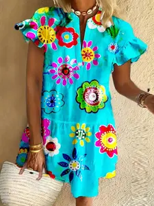 Bright Blue Floral Ruffle Sleeve Dress, Casual V-Neck Beach Summer, Boho Floral Printed Vacation Short A-Line Mini Dress for Women 2026