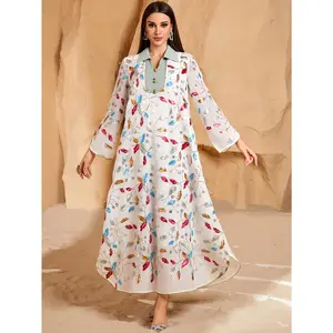 A Gift Suitable for All Four Seasons, Available in One Color, Featuring a Stylish Abaya with a Stand-Up Collar And Embroidery, an Elegant And Formal Arabian Dress for Women, White Abaya For Women, Chic Embroidered Robe Abaya