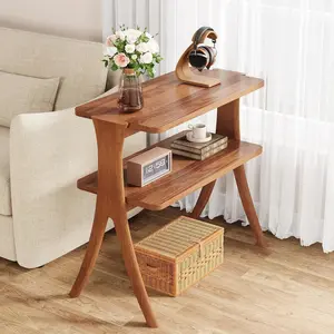 LITTLE TREE Narrow Side Table for Living Room, Farmhouse End Table with 2-Tier Storage Shelf and Solid Wood Legs, Slim Tall Bedside Table Nightstand for Bedroom, Small Spaces, Entryway, Walnut cool