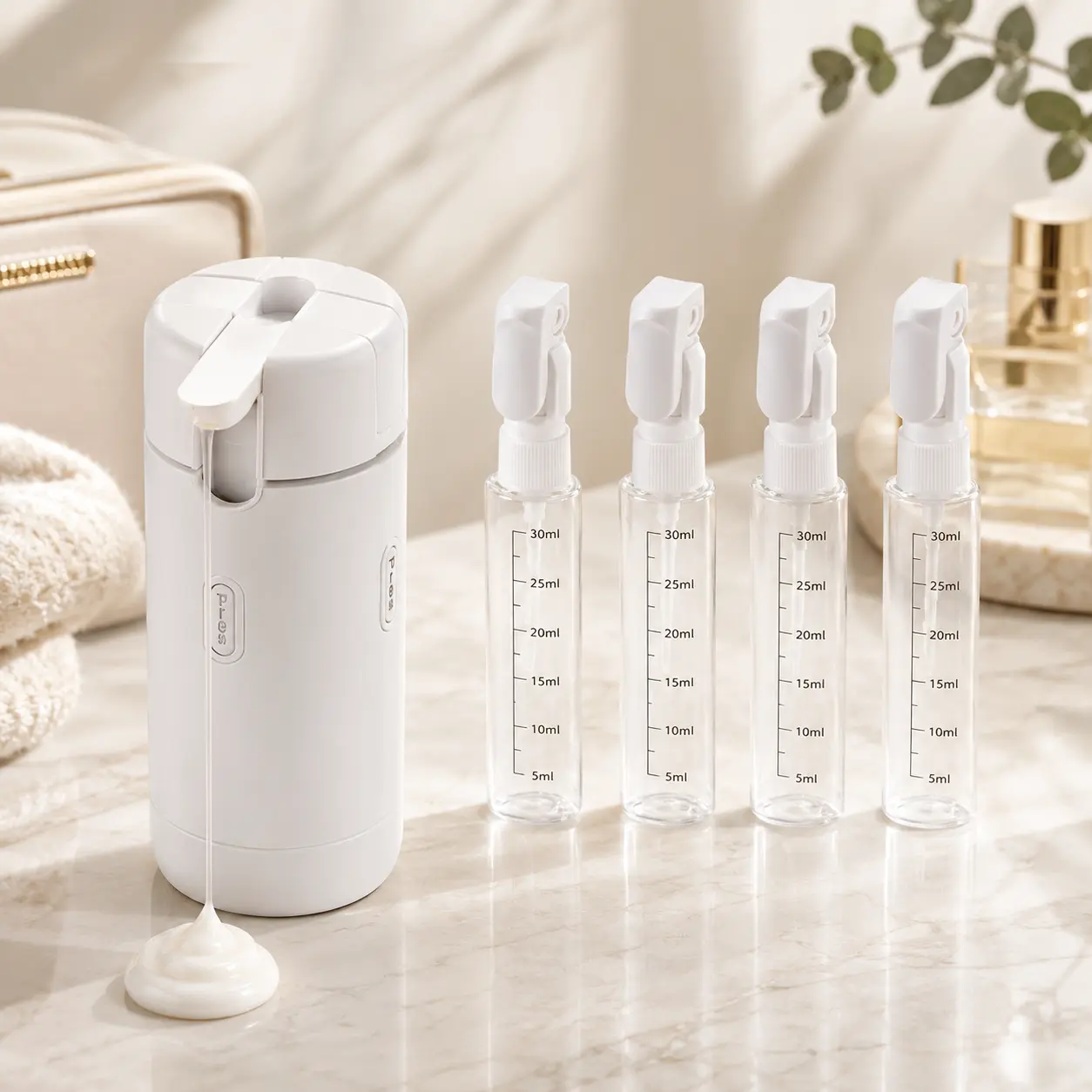 4-in-1 Plastic Rectangle Mini Cosmetic Storage Dispenser Bottle - Leak-Proof Refillable Silicone Squeeze Container with Lock, Durable Portable Toiletries Storage Bottles & Jars for Travel Stuff