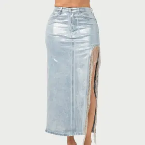 Lisa Denim Metallic Foil Side Slit Rhinestone Skirt