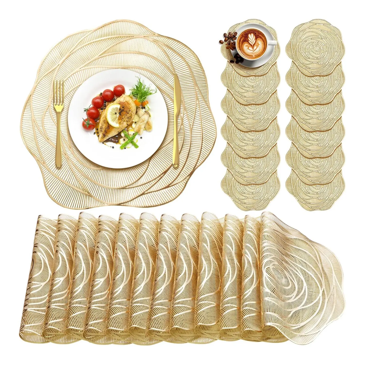 Round Pressed Vinyl Placemats Gold Placemat Coaster Set Kitchenware Metallic Place Mat Rose Floral Floral Pattern Placemat Non Slip Table Mats for Wedding Dinner Party Table Supplies Washable Heat Resistant
