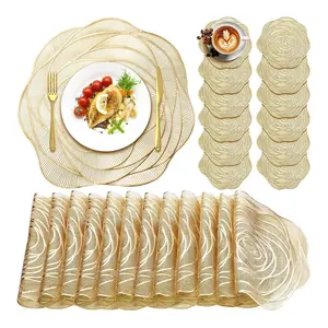 Round Pressed Vinyl Placemats Gold Placemat Coaster Set Kitchenware Metallic Place Mat Rose Floral Non Slip Table Mats for Wedding Dinner Party Table Supplies Washable Heat Resistant