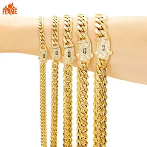 [FLAME] 14K Gold-Plated Cuban Necklace Classic White Stone Inlay Design Dazzling Miami Cuban Necklace Tradition Fashion Best Gift for Him/Her 6/8/10/12/14 Available Valentine's Day