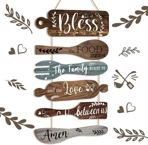 Geetery 6 Pcs Bless The Food Before Us Farmhouse Kitchen Wall Decor Dining Room Collage Decorations Wall Art Rustic Hanging Wooden Roped Sign 13x21 Inches Vertical(Multicolored) outdoorfun
