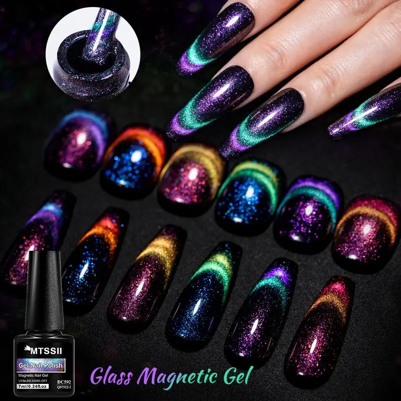 MTSSII Holographic Glitter Cat Eye Gel Nail Polish Set, Glitter Gels, UV Compatible, 9pcs/set Soak off UV Light Gel LED Lamp Nail Art Gel & Magnetic Stick, Nail Art & Nail Polish for Women & Girls, DIY Manicure, Manicure, Nail Care