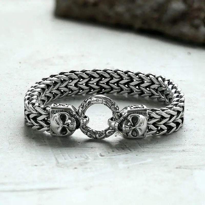 GTHIC Double Ghost Head Buckle Stainless Steel Skull Biker Bracelet for Men Gothic Accessories for Daily Wear