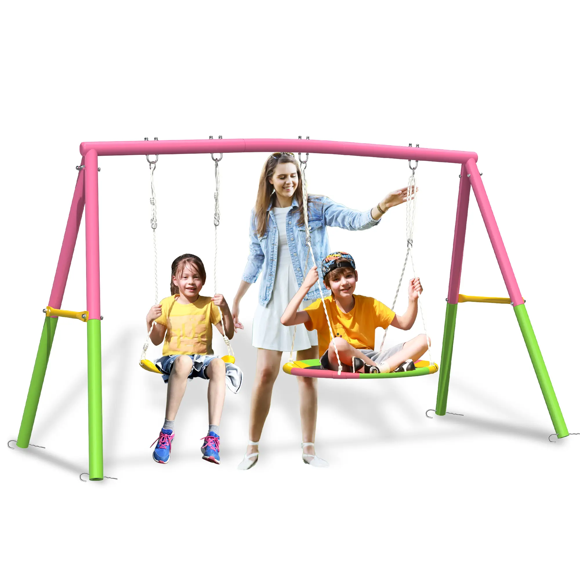 Mersco Kids Backyard Swing Set - 440lbs High-Quality Metal A-Frame Stand, 32" Saucer Swing, 26.2" Belt Seat, Unisex Pink Outdoor Play Equipment, Double Seats, High-Quality Ground Anchors, Encourages Outdoor Fun, Easy to Install