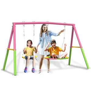 Mersco Kids Backyard Swing Set - 440lbs Durable Metal Stand, 32" Saucer Swing, 26.2" Belt Seat, Unisex Pink Playset, Kids Outdoor Equipment