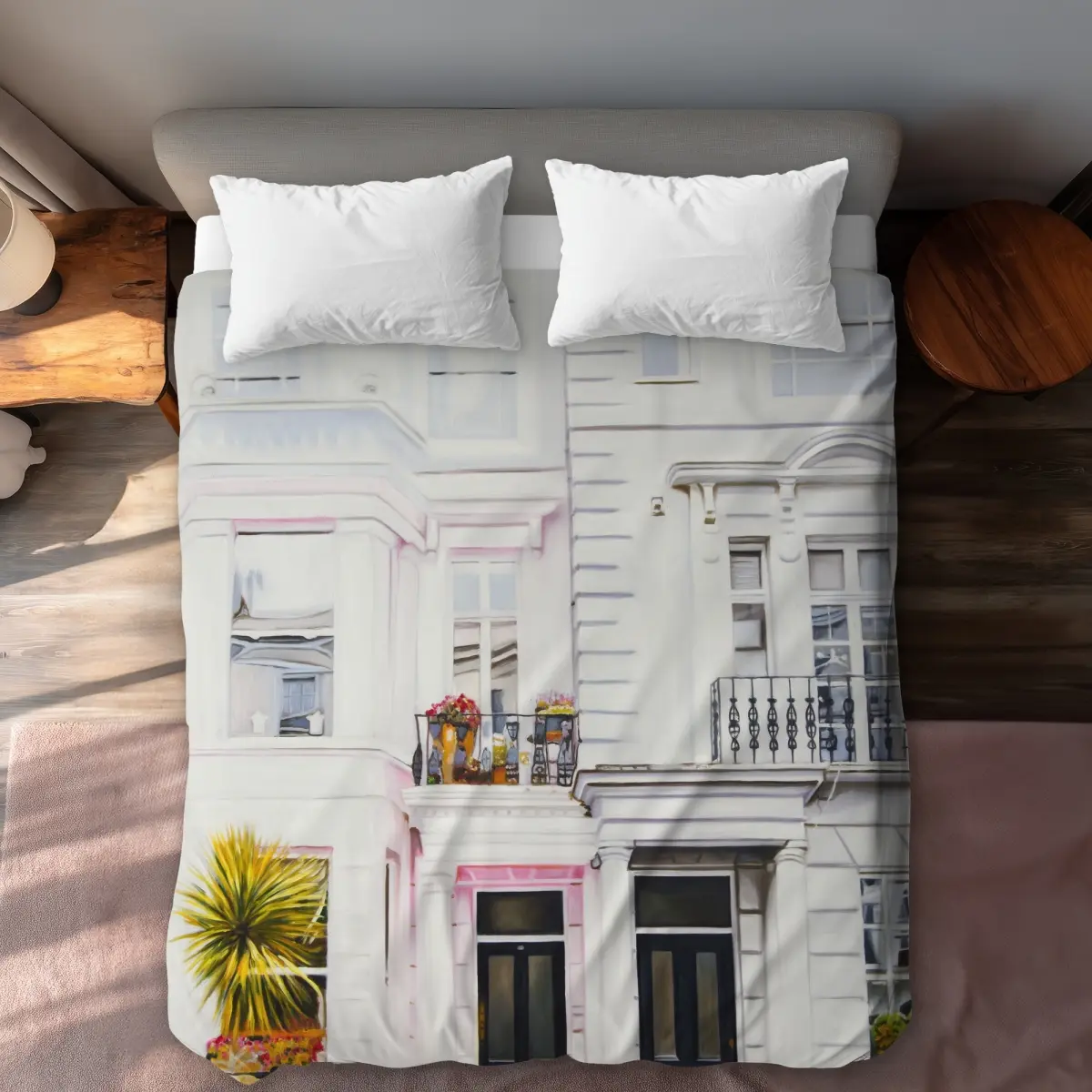 360 Stand Queen Size Microfiber Duvet Cover with Microfiber Face - Beige West Coast House Print, for Queen Size Beds, Minimalist Bedroom, Coastal Vibe Bedding, Decorative Duvet Cover, Microfiber Duvet Covers