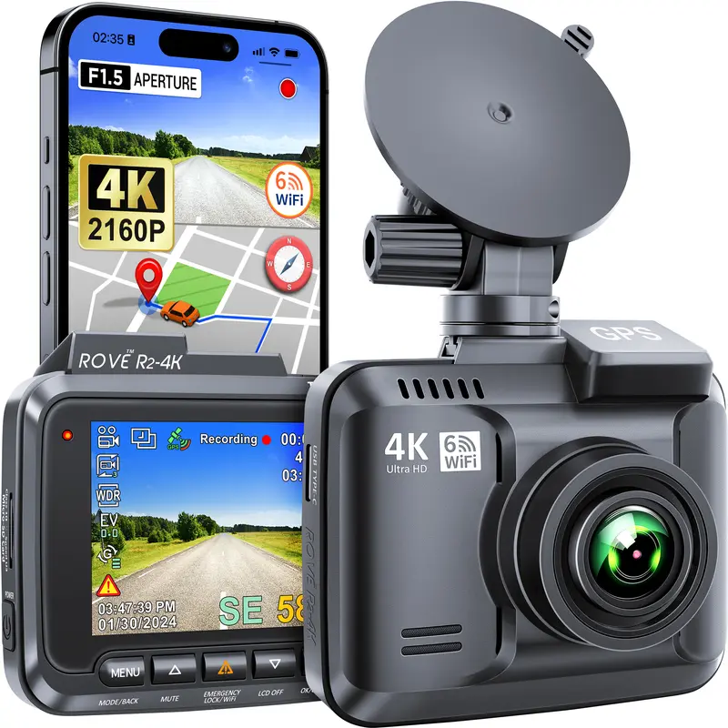 ROVE R2-4K Dash Cam with 4K Ultra HD, Super Night Vision Technology and Built-in WiFi 6, GPS