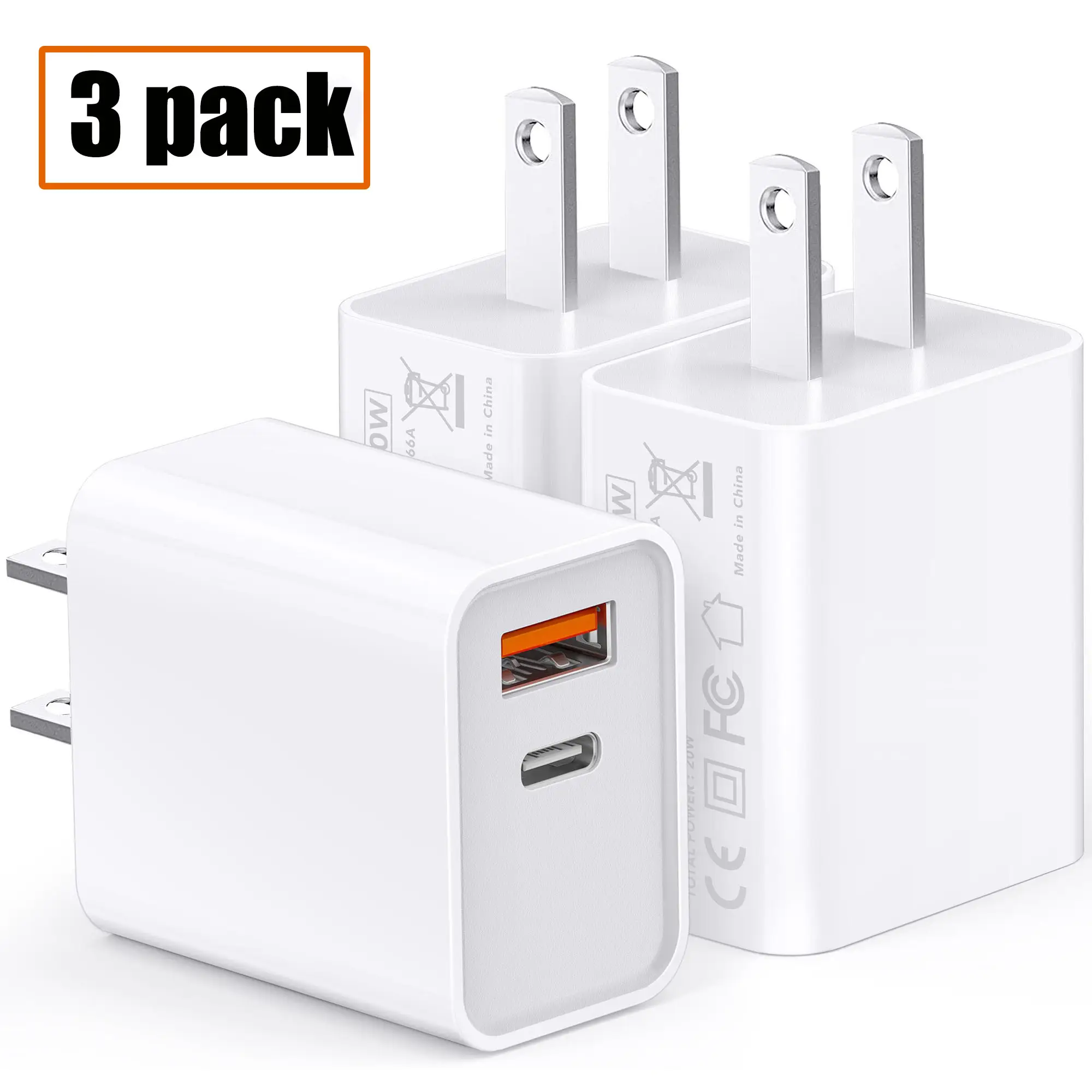 [3 Pack] USB-C Wall Charger, 20W Durable Dual Port QC+PD 3.0 Power Adapter, Double Fast Plug Charging Block for iPhone 16 14/14 Pro/13/15/15 Pro/Pro M
