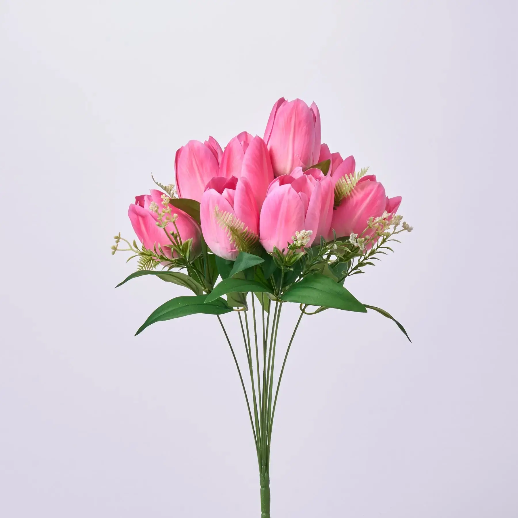 19" Pink Silk Tulip Bloom & Leaf Stem Bouquet, Artificial Flower Spray, Lifelike Home Decor Centerpiece for Table & Indoor Styling