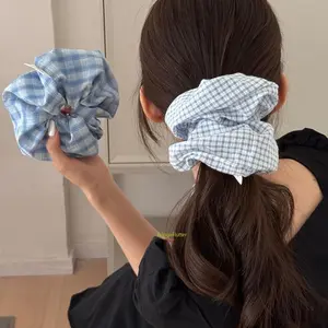 Retro Plaid Scrunchie Hair Tie - French Sky Blue Fabric Hair Band, Forest-Style Daily Sports Headband Accessory