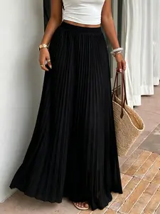 White High-Waisted Pleated Chiffon Maxi Skirt - 2026 Trending Beach Style, Soft Flowy Fabric for Vacation & Brunch Versatile White Pleated Maxi Skirt - Casual Elegant Outfit, Wrinkle Resistant for Office & Daily Flattering