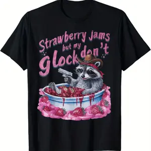 graphic tees [100% Cotton] Playful Raccoon Cowboy T-Shirt With Strawberry Jams And Toy Gun Fun.