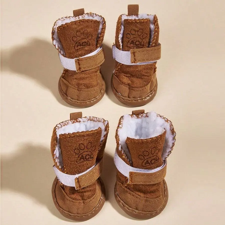 Small-Medium Pet Lamb Wool Boots 4-Piece Set - 4-Pieces Covers All Paws, Nylon, Hook-Loop Closure, Warm, Fashionable, Anti-Slip, Colorblock/Plain, All-Seasons Paw Protectors, Size S