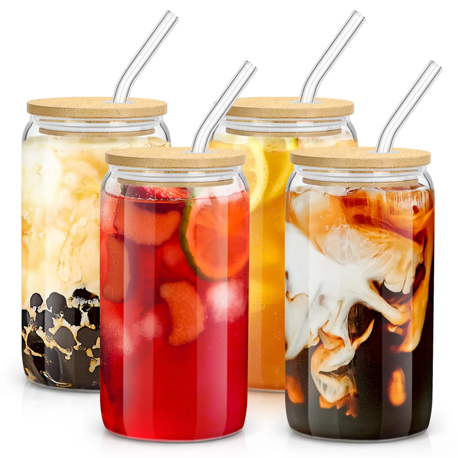 Glass Cups with Bamboo Lids and Glass Straws 16oz Tumbler Set Mason Cup, Ice Coffee, Ideal for Whiskey Coke Drinkware Jar Beverage Stylish Bottles Tin Mother's Day