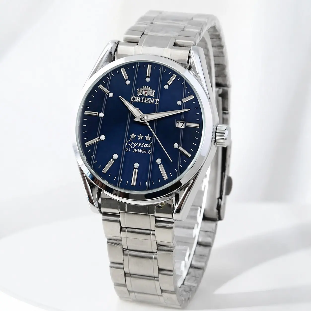 Orient Men's Automatic Mechanical Watch - Silver Stainless Steel Band, Deep Blue Striped Dial, 21 Jewels, Crystal Glass, Single Date Window (Date Show), Waterproof, Classic Business Dress Wristwatch - Luxury Gift for Gentlemen