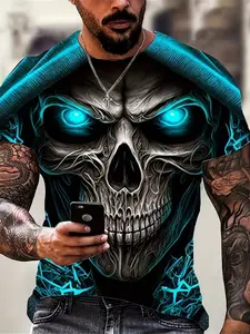 Men's Skull T-Shirt, 3D Printed Skull O-Neck, Oversized Short Sleeve, Casual Slim-Fitting Top, Sports Wear, Men's Clothing